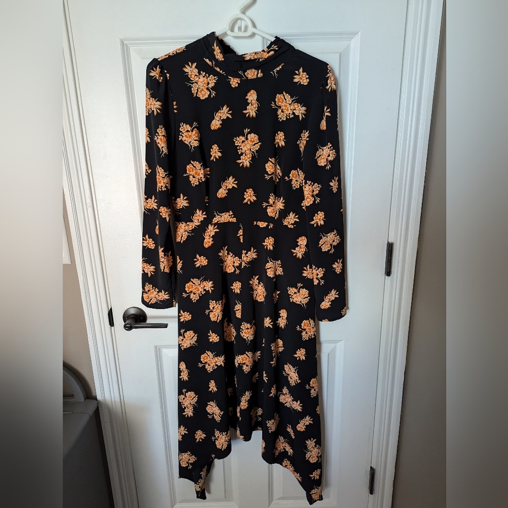 ASOS Miss Selfridge Midi Dress in Black Floral Print, Size 6